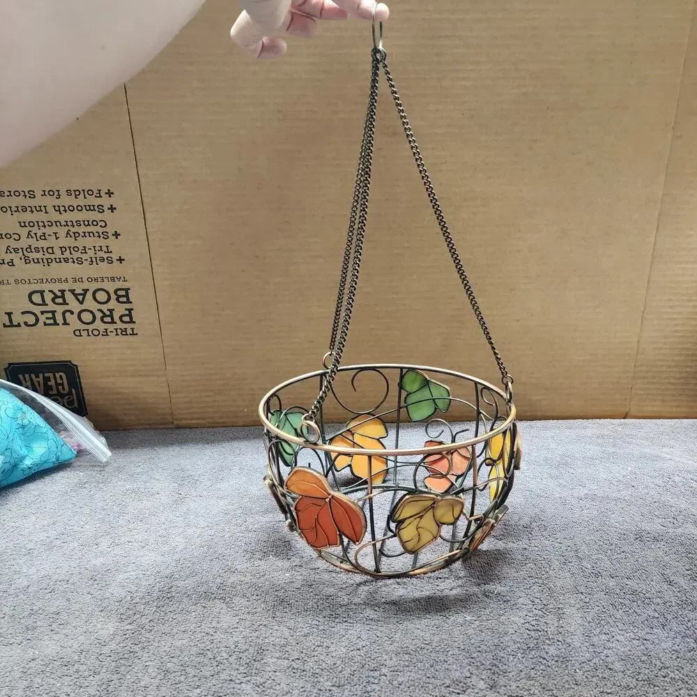 Hanging fruit basket metal with colorful leaves V